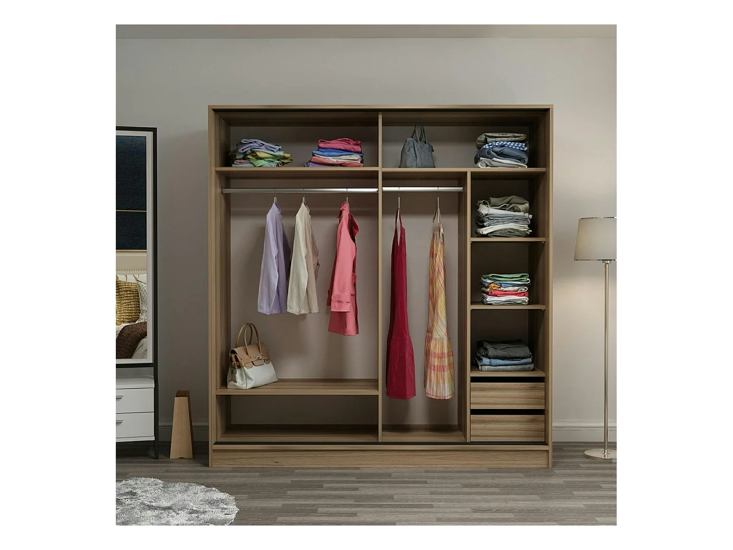 Armoire penderie portes coulissantes, effet bois & miroir BYRON