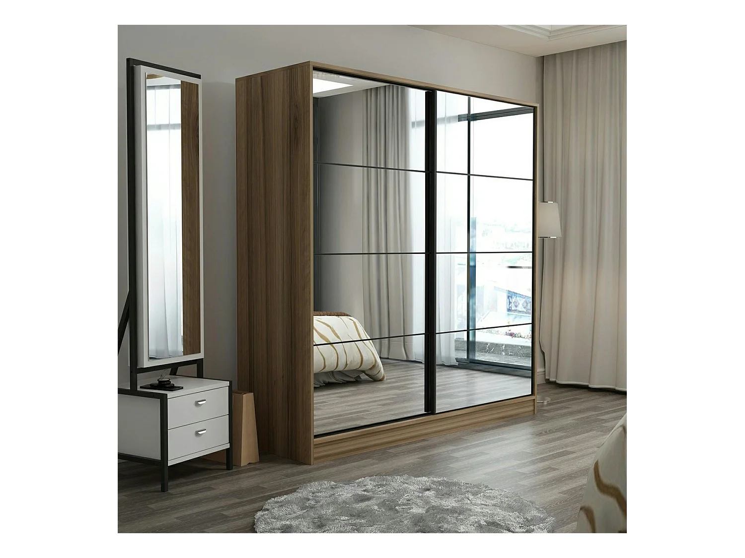 Armoire penderie portes coulissantes, effet bois & miroir BYRON