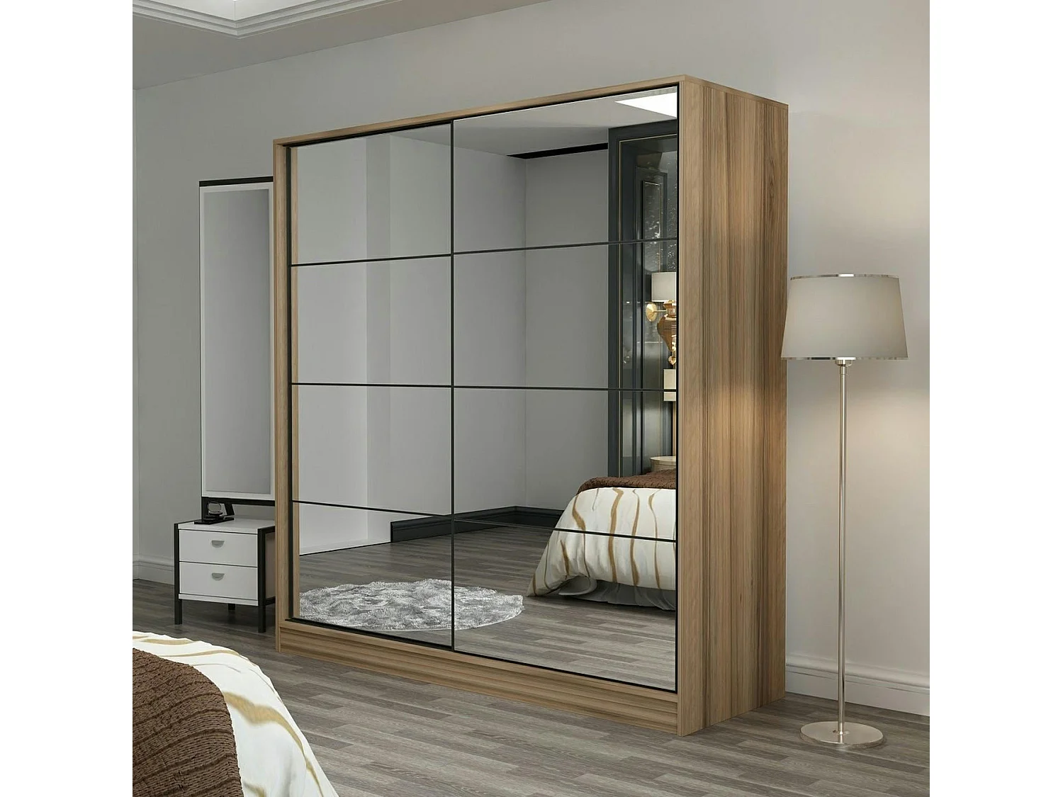 Armoire penderie portes coulissantes, effet bois & miroir BYRON