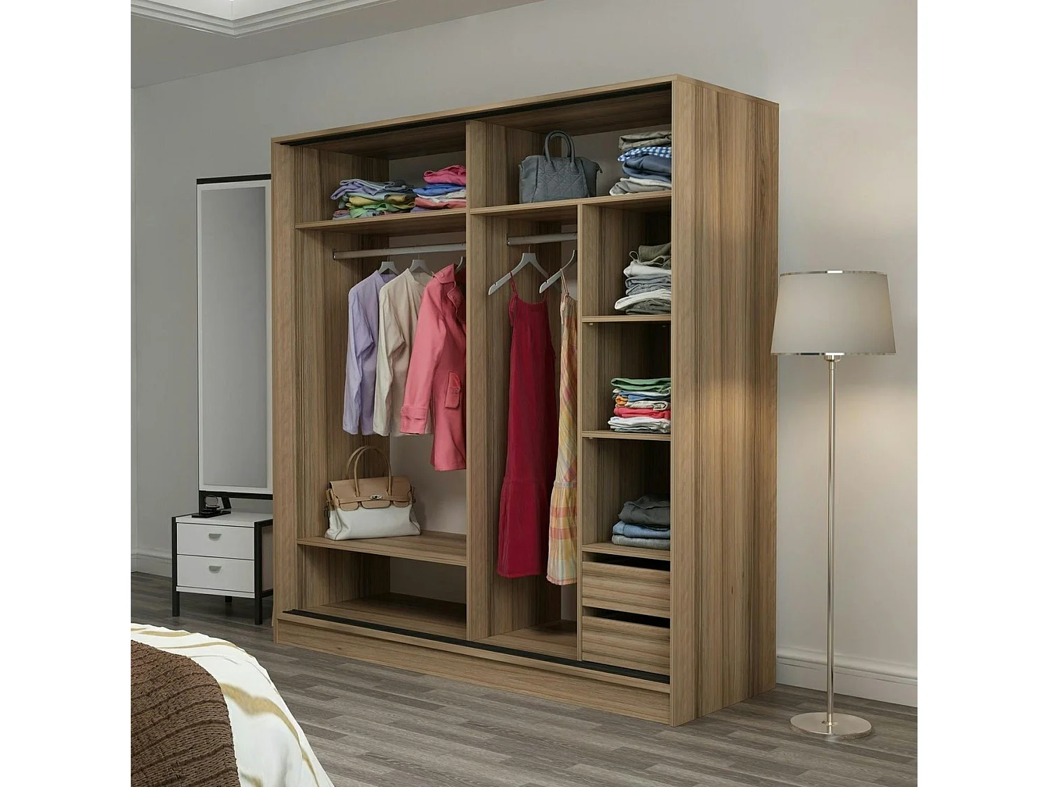 Armoire penderie portes coulissantes, effet bois & miroir BYRON