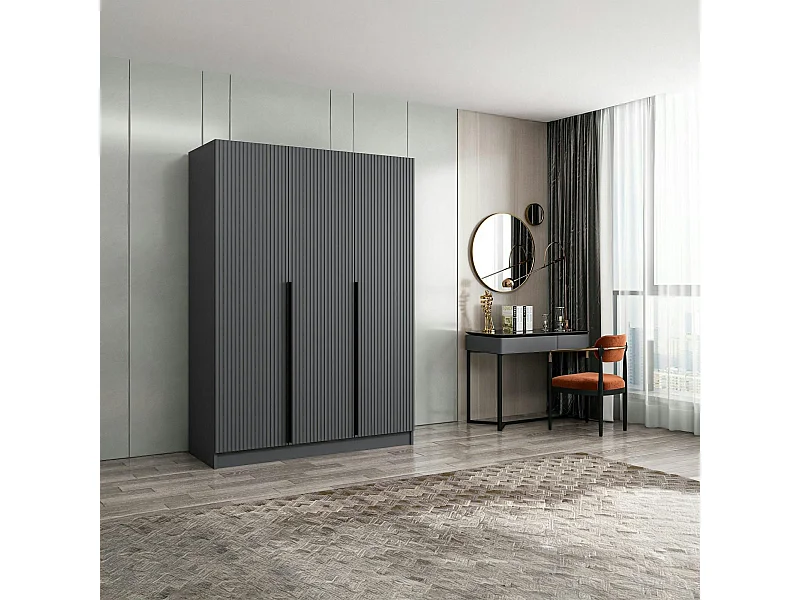 Armoire penderie design 3 portes grises rainurées BYRON