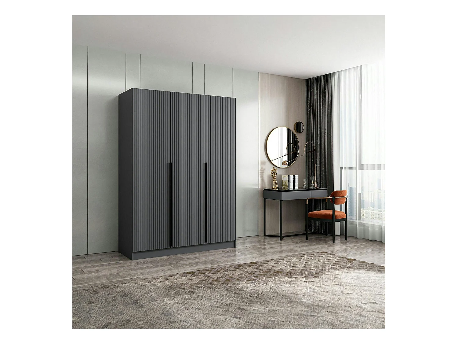 Armoire penderie design 3 portes grises rainurées BYRON