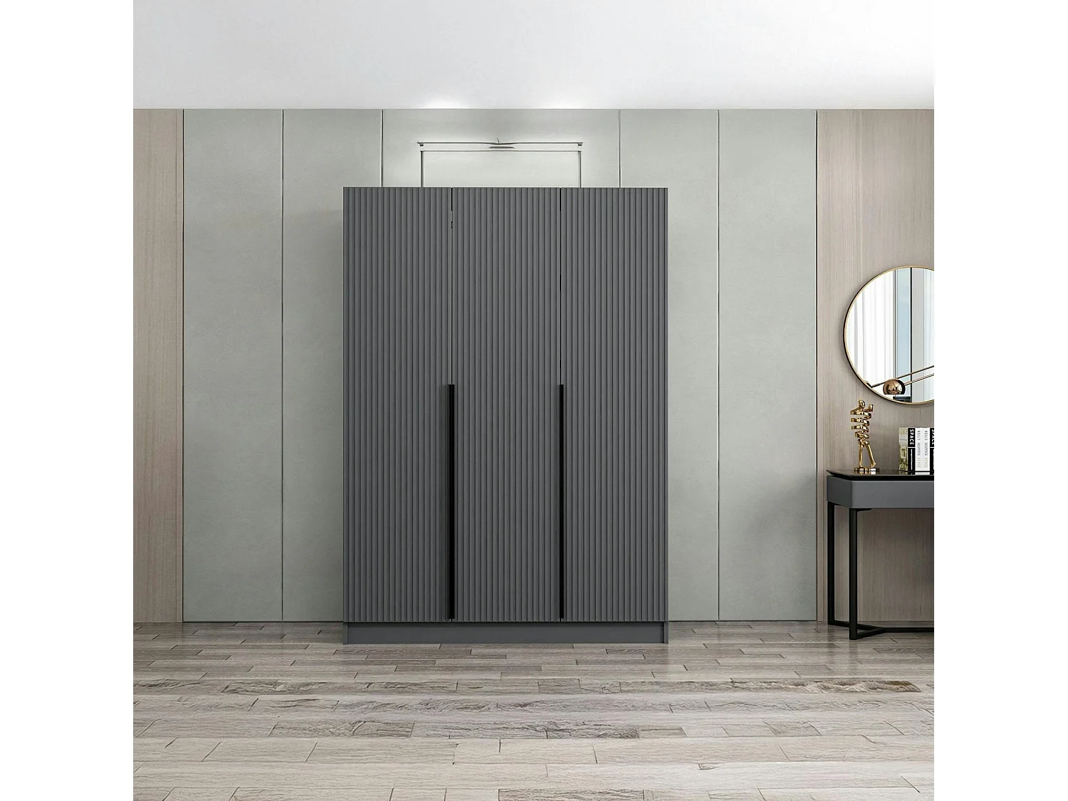 Armoire penderie design 3 portes grises rainurées BYRON