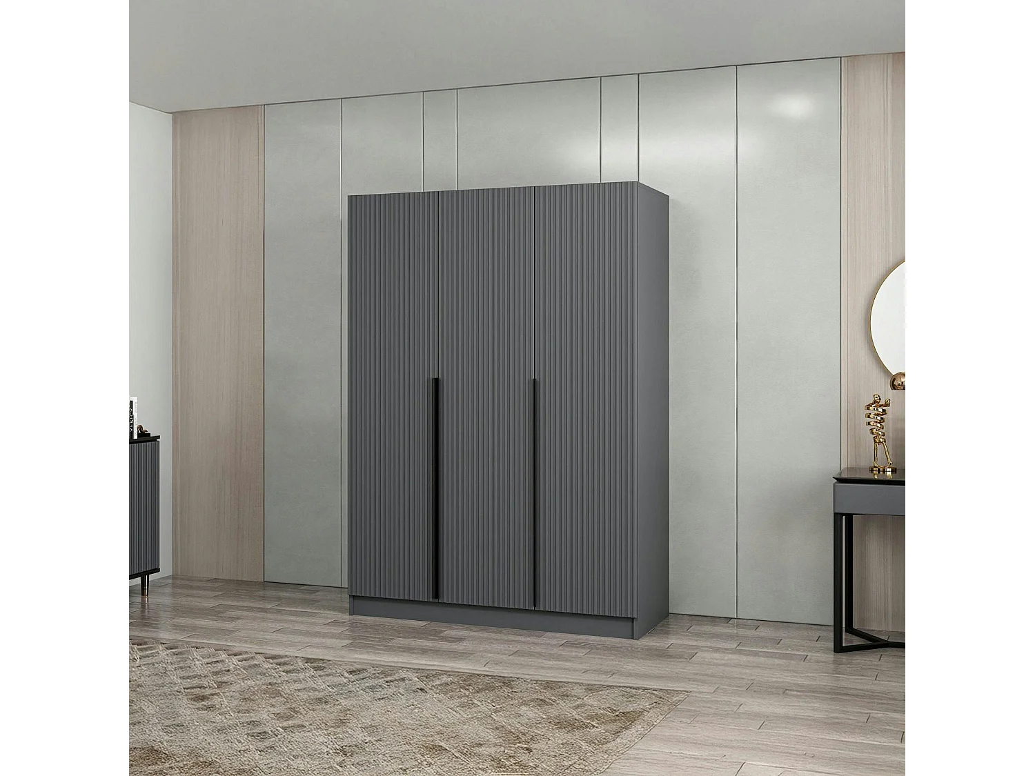 Armoire penderie design 3 portes grises rainurées BYRON