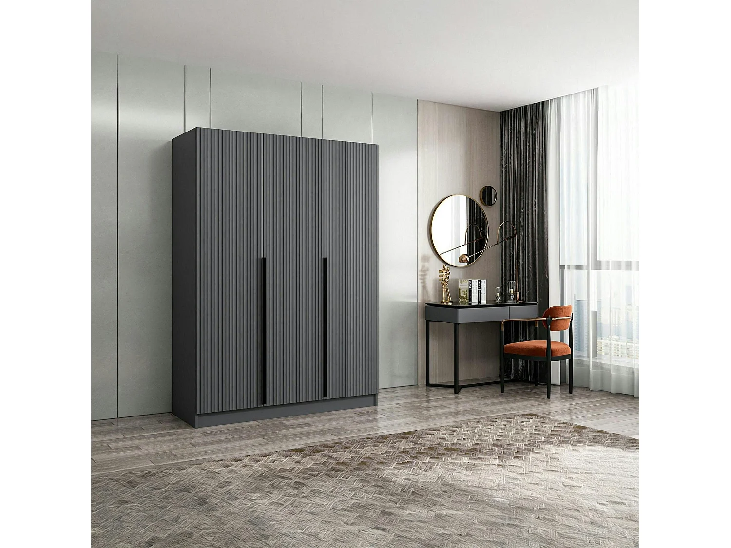 Armoire penderie design 3 portes grises rainurées BYRON