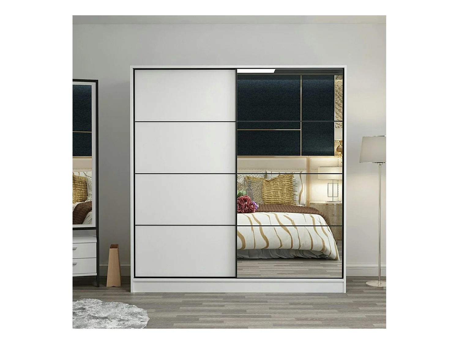 Armoire blanche 2 portes coulissantes, 1 miroir BYRON