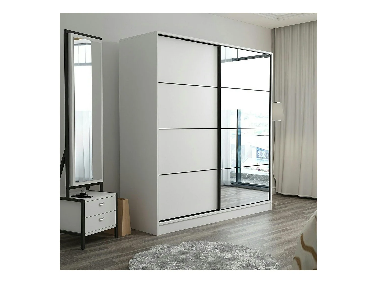 Armoire blanche 2 portes coulissantes, 1 miroir BYRON