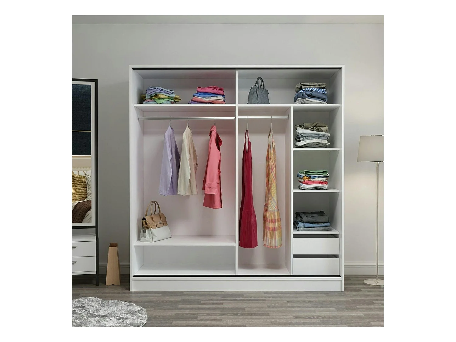 Armoire blanche 2 portes coulissantes, 1 miroir BYRON