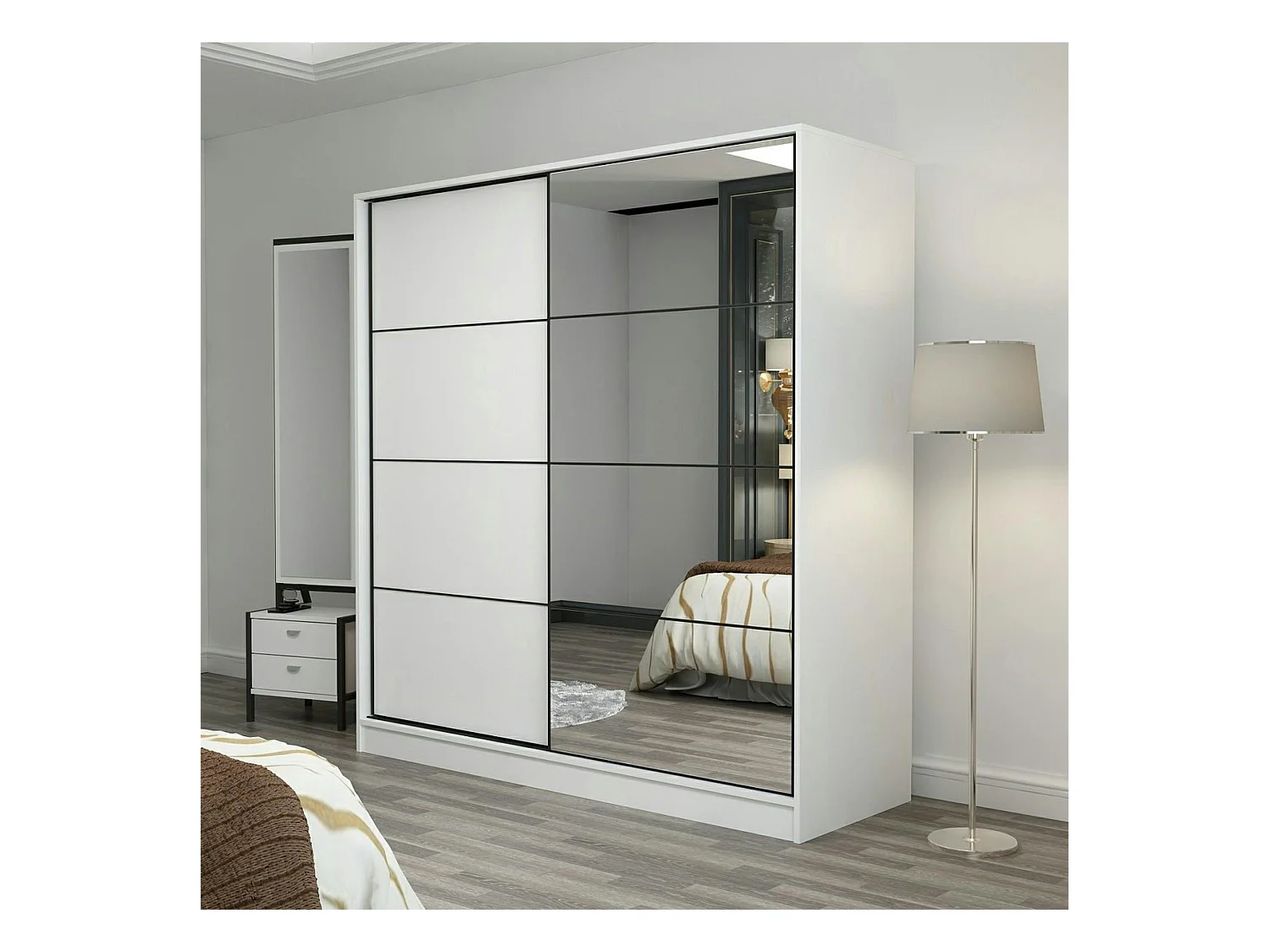 Armoire blanche 2 portes coulissantes, 1 miroir BYRON