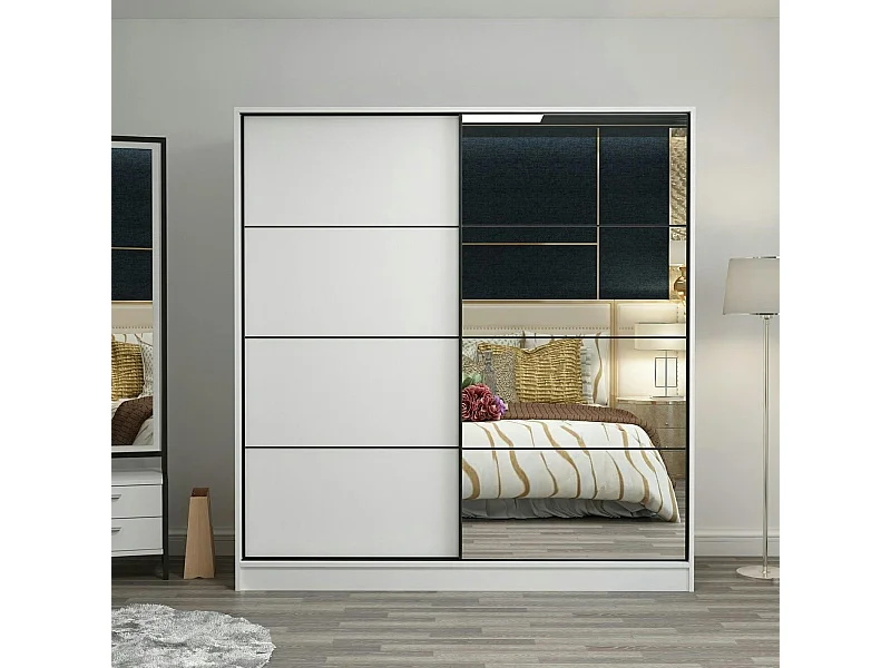 Armoire blanche 2 portes coulissantes, 1 miroir BYRON