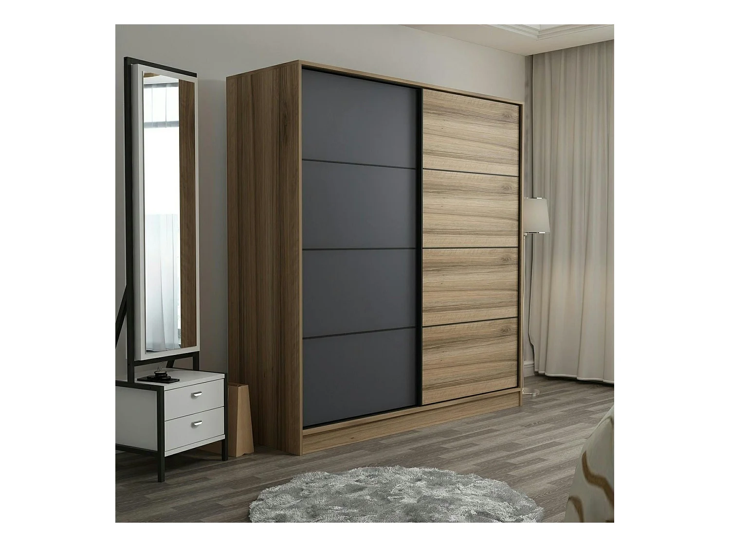 Armoire portes coulissantes effet bois, 1 face grise BYRON