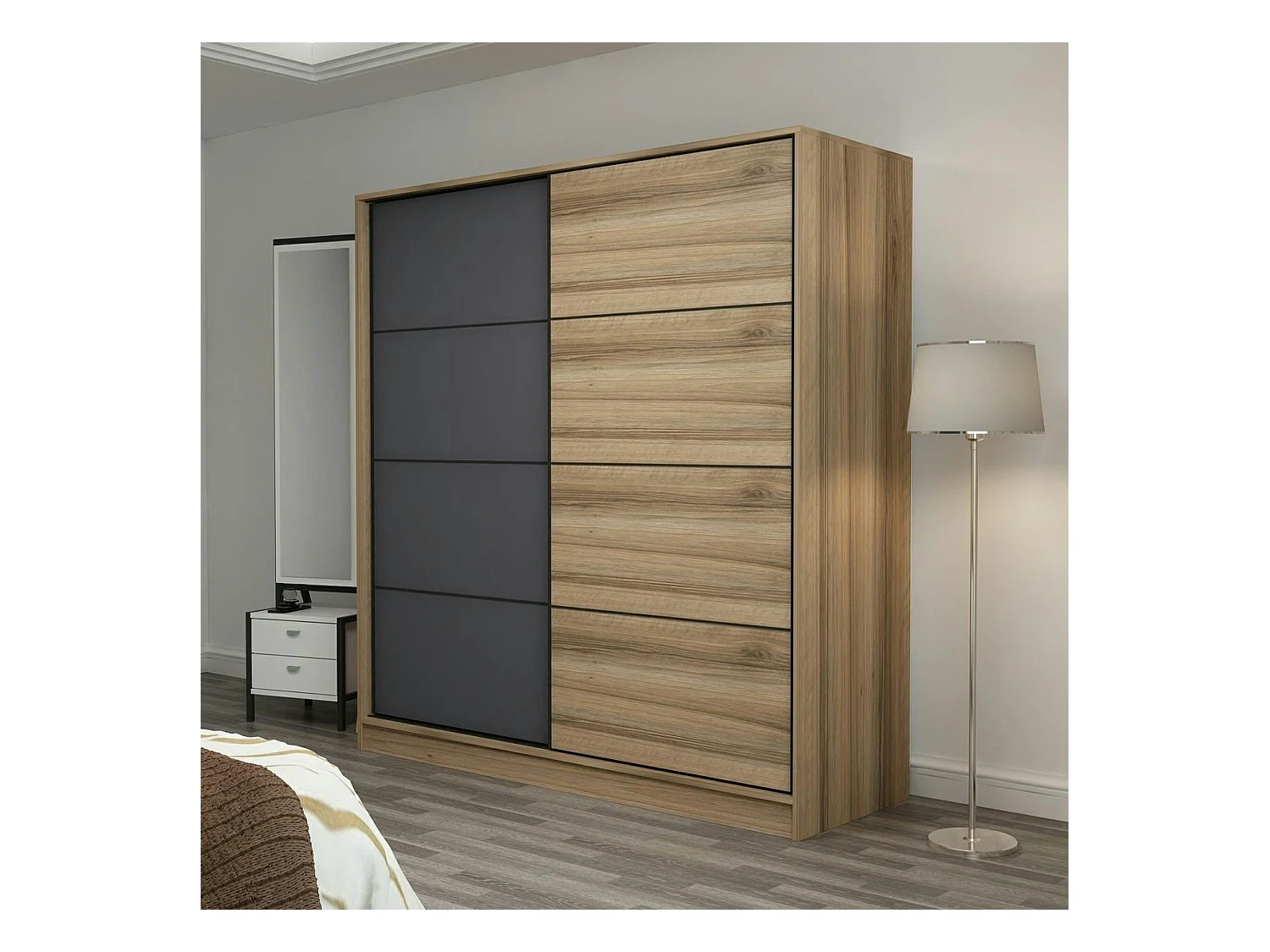 Armoire portes coulissantes effet bois, 1 face grise BYRON