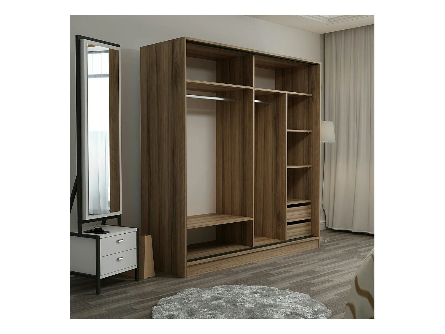 Armoire portes coulissantes effet bois, 1 face grise BYRON