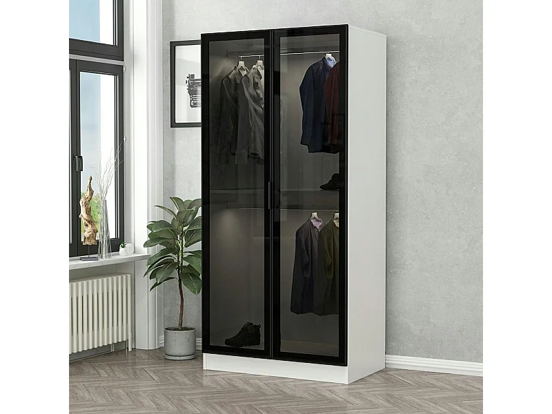 Armoire penderie blanche - 2 portes vitrées H. 210 cm BYRON