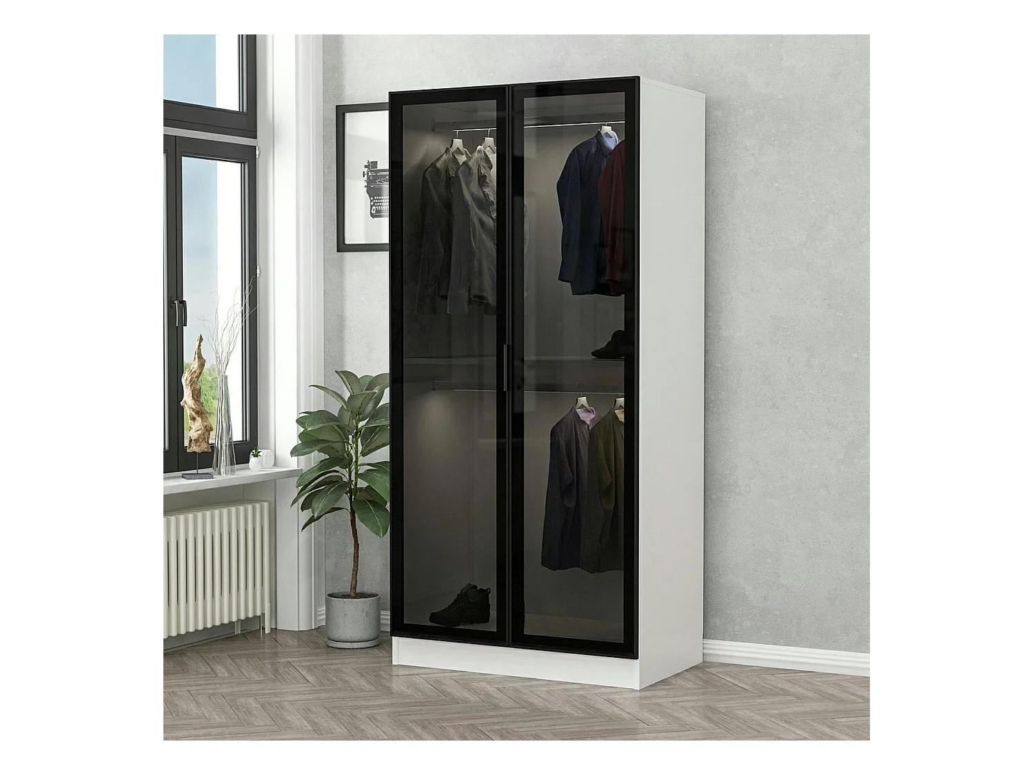 Armoire penderie blanche - 2 portes vitrées H. 210 cm BYRON