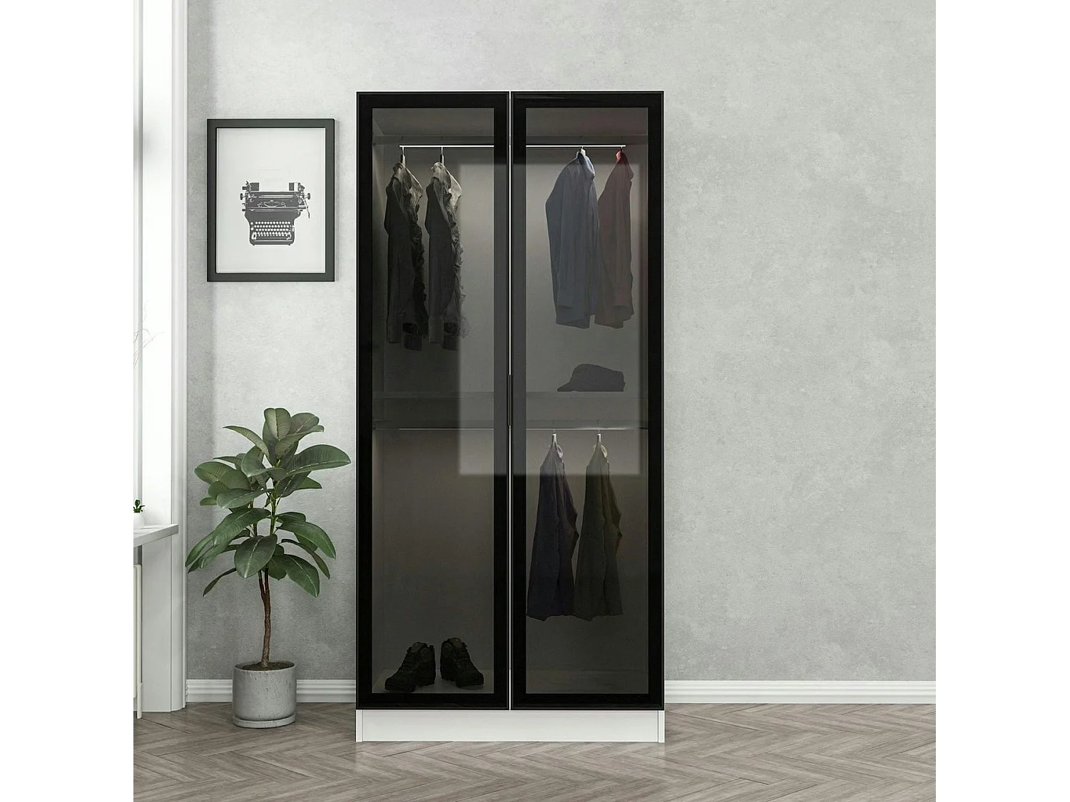 Armoire penderie blanche - 2 portes vitrées H. 210 cm BYRON