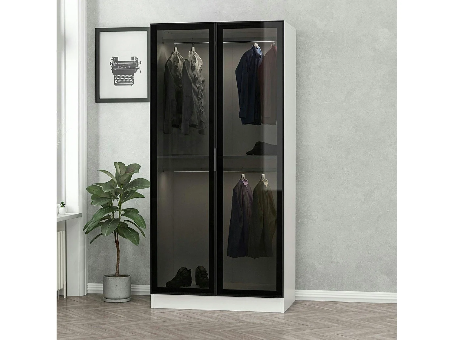 Armoire penderie blanche - 2 portes vitrées H. 210 cm BYRON