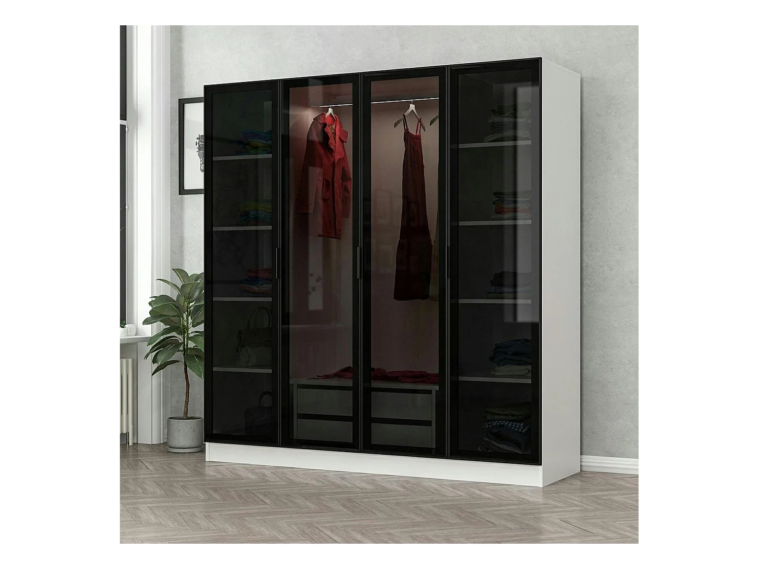 Armoire penderie blanche 4 portes verre H 210 cm BYRON