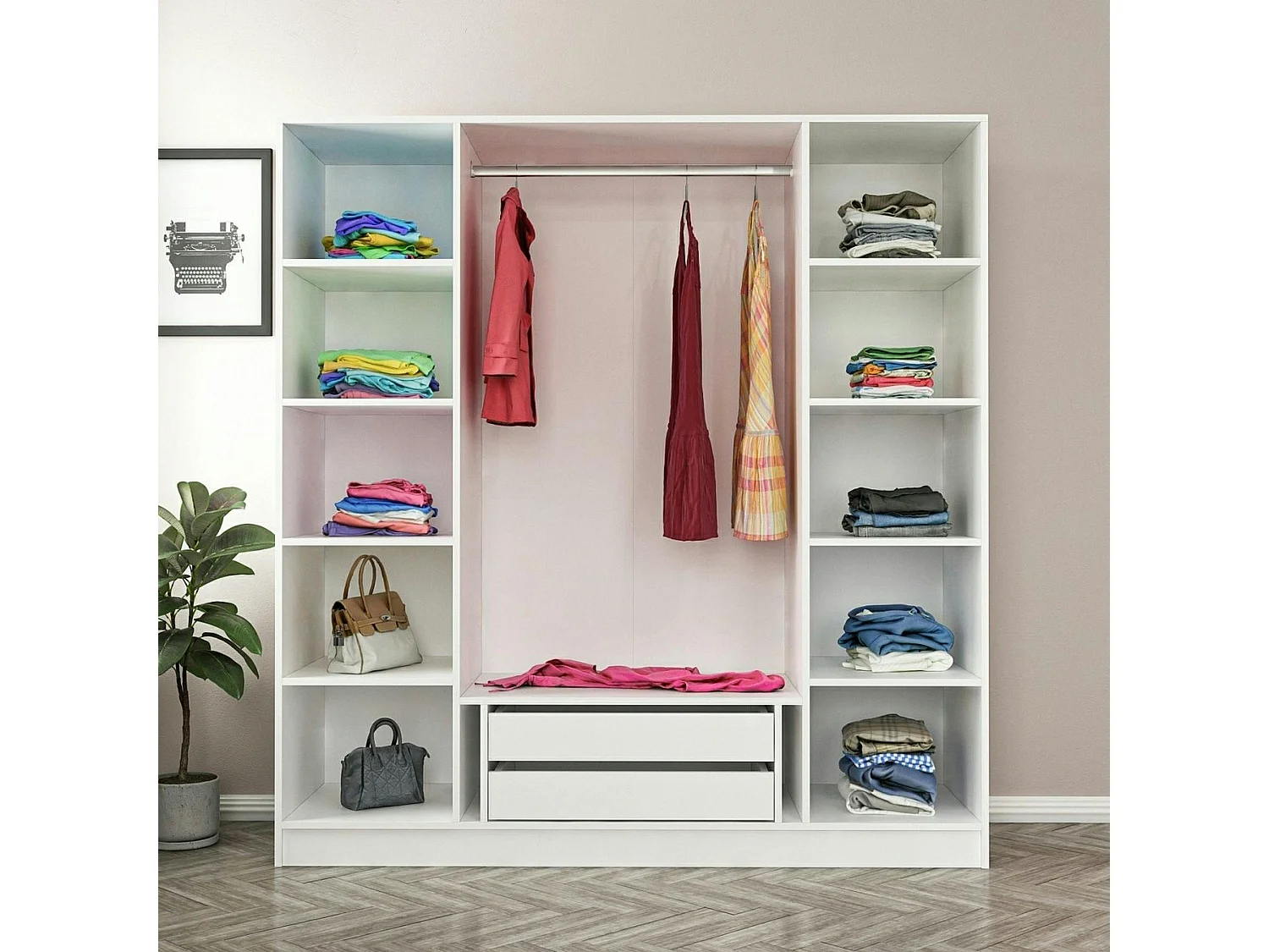 Armoire penderie blanche 4 portes verre H 210 cm BYRON