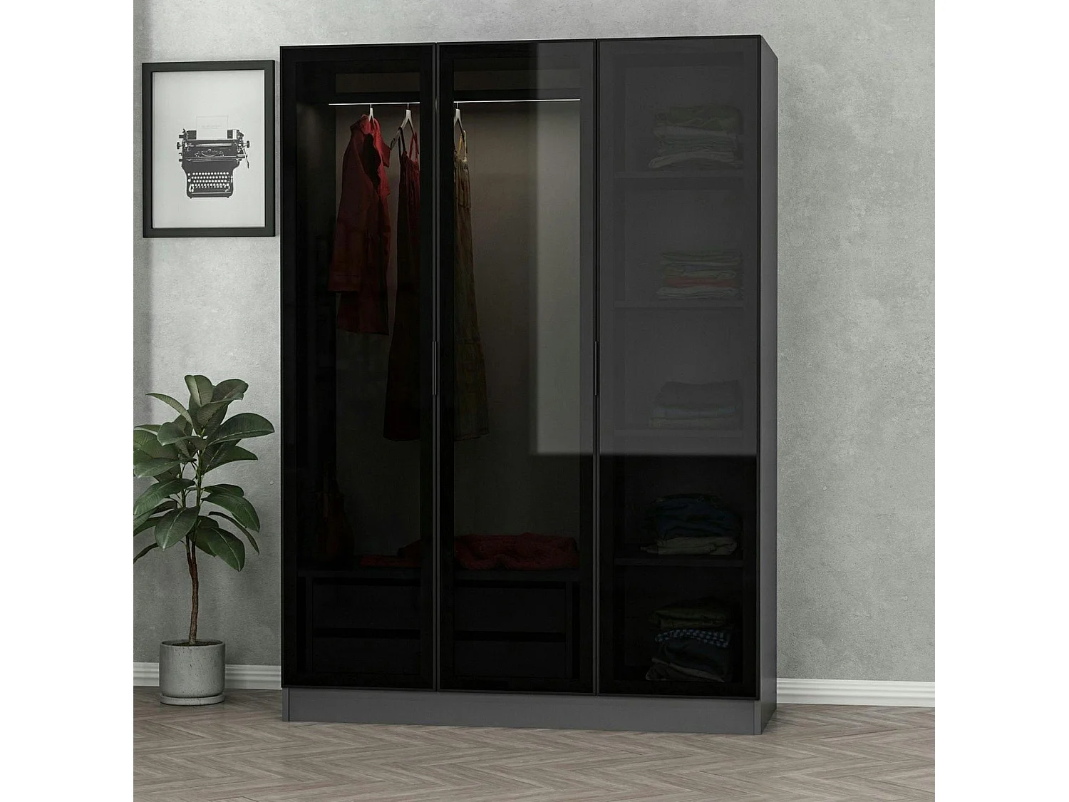 Armoire penderie design gris foncé, 3 portes vitrées BYRON