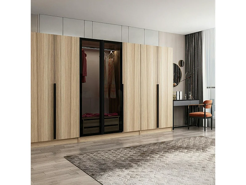 Armoire dressing XXL effet bois - 2 portes verre L.315 cm BYRON