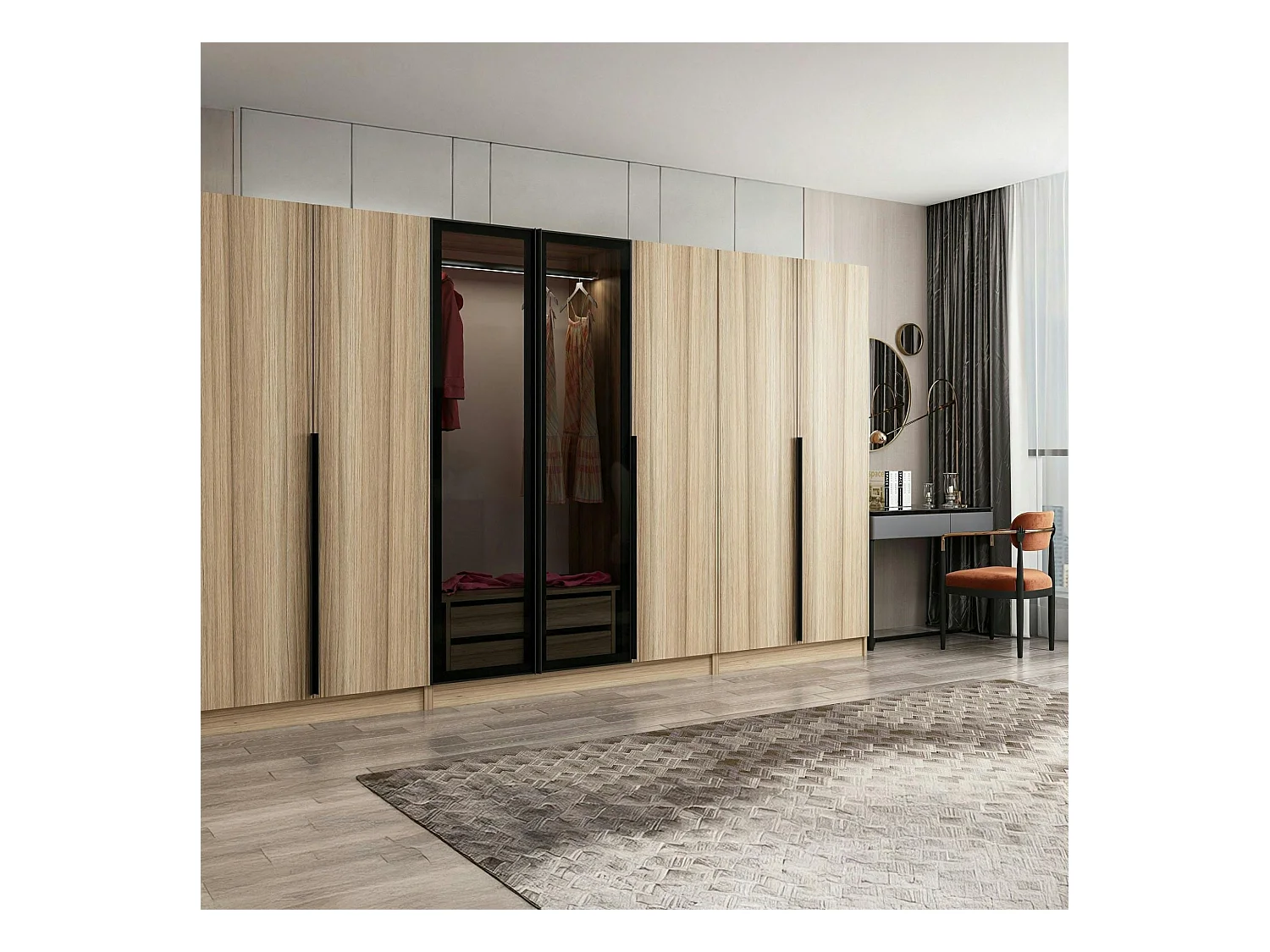 Armoire dressing XXL effet bois - 2 portes verre L.315 cm BYRON