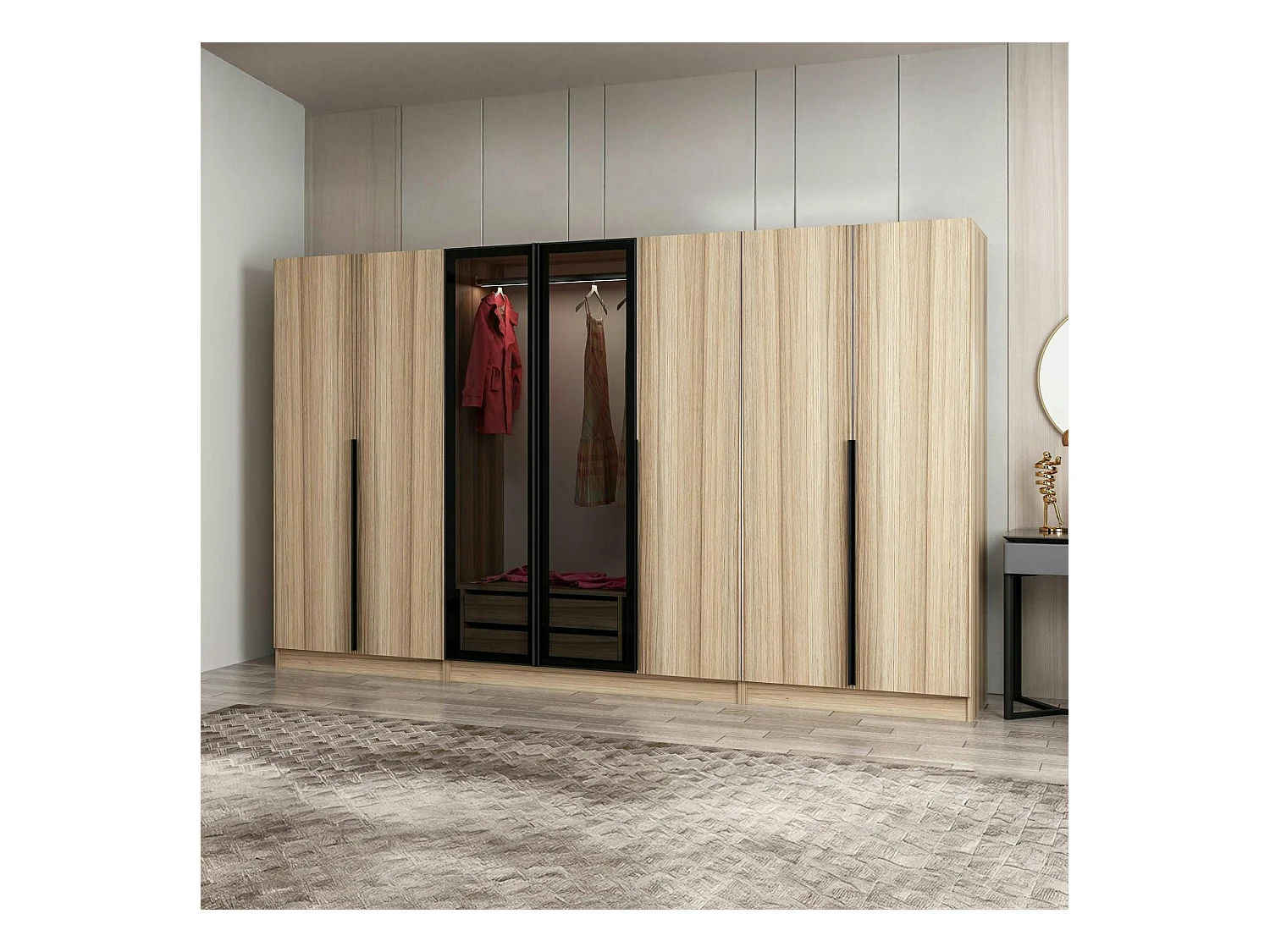 Armoire dressing XXL effet bois - 2 portes verre L.315 cm BYRON