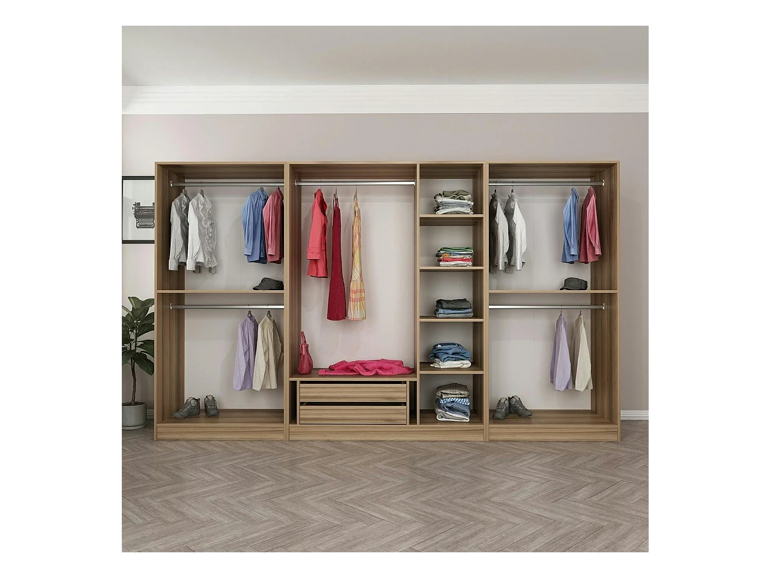 Armoire dressing XXL effet bois - 2 portes verre L.315 cm BYRON