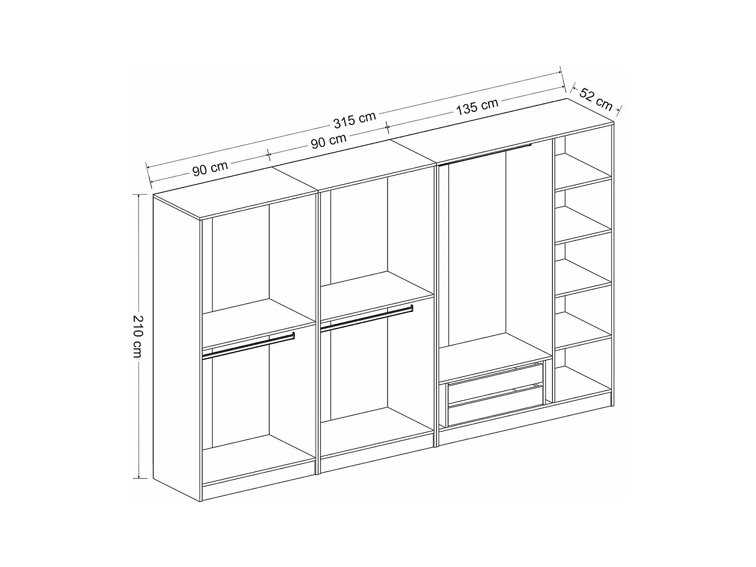 Armoire dressing XXL effet bois - 2 portes verre L.315 cm BYRON