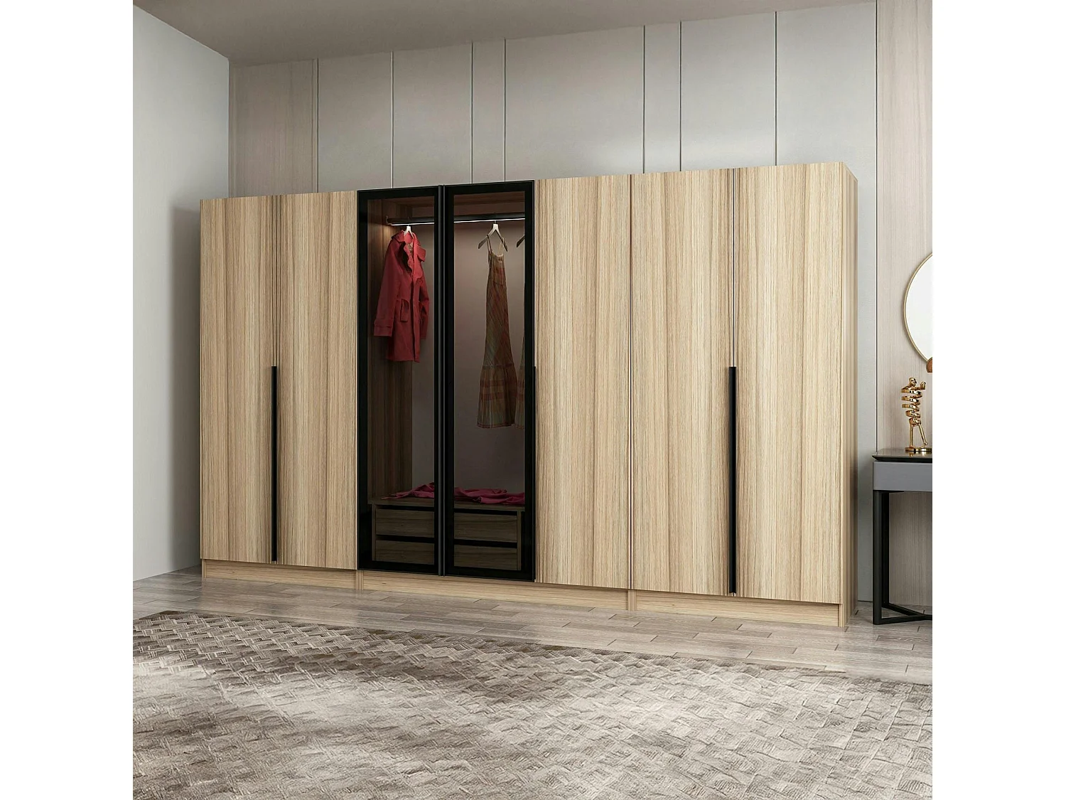 Armoire dressing XXL effet bois - 2 portes verre L.315 cm BYRON
