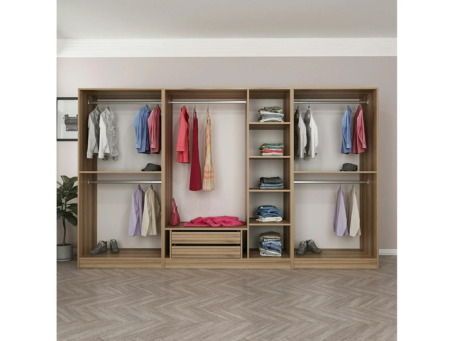 Armoire dressing XXL effet bois - 2 portes verre L.315 cm BYRON