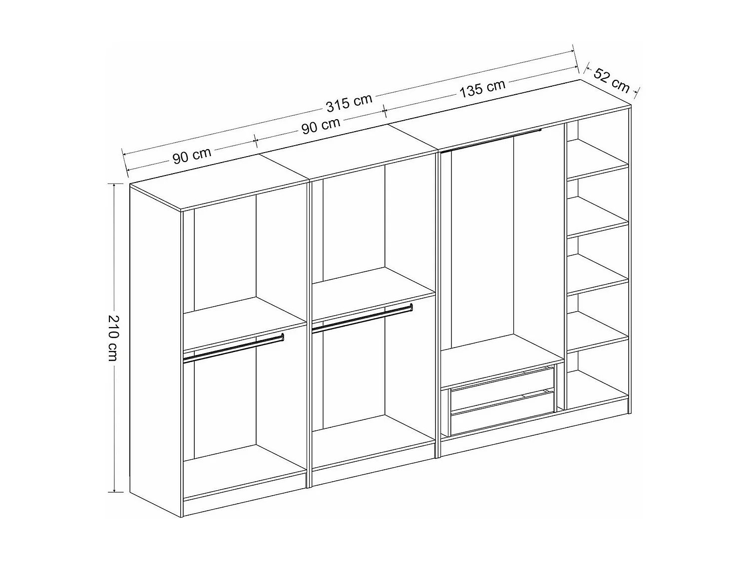 Armoire dressing XXL effet bois - 2 portes verre L.315 cm BYRON