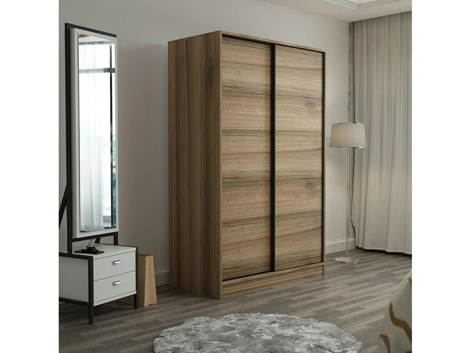 Armoire penderie portes coulissantes, effet bois BYRON