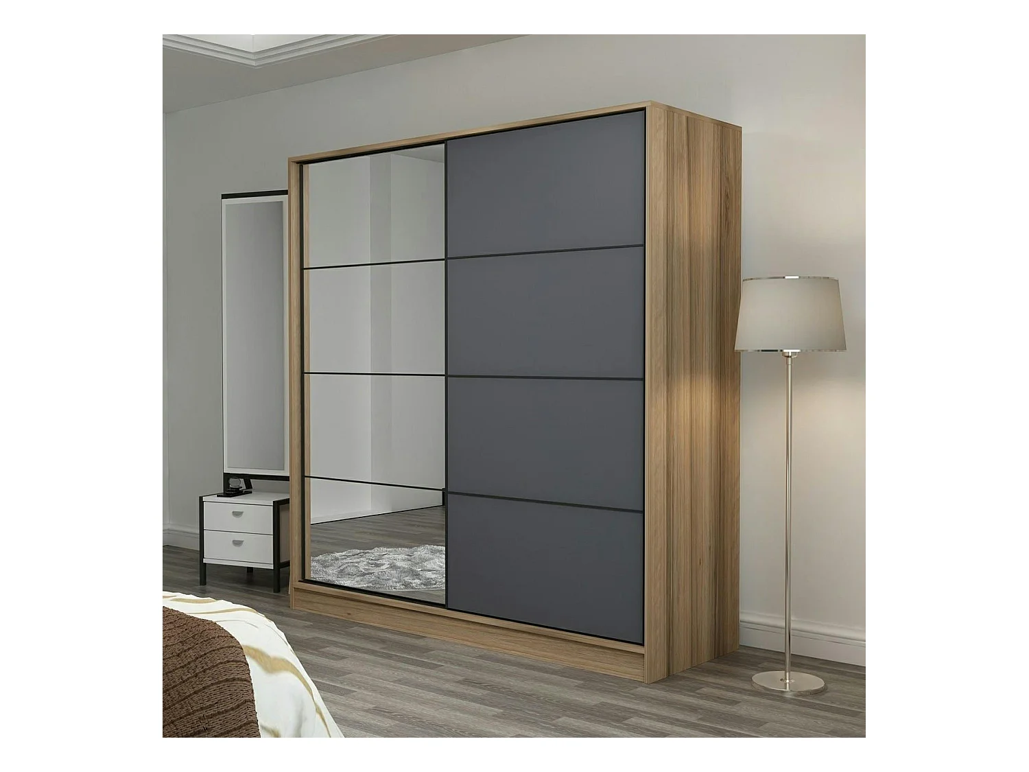 Armoire portes coulissantes effet bois & gris, 1 miroir BYRON
