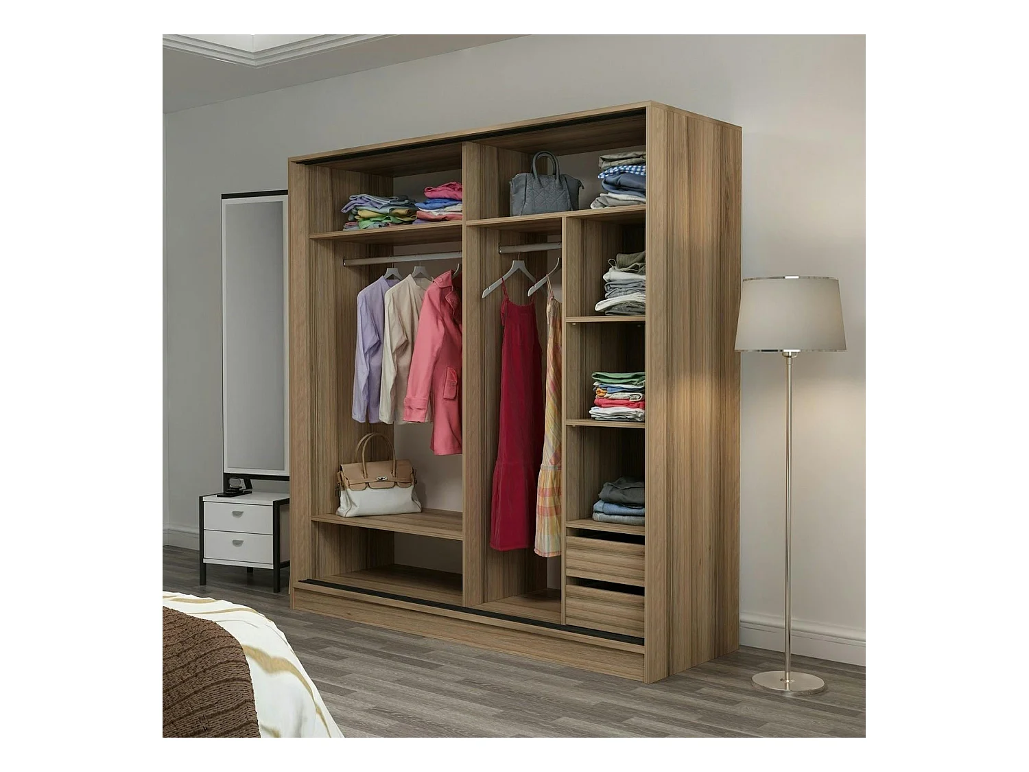 Armoire portes coulissantes effet bois & gris, 1 miroir BYRON