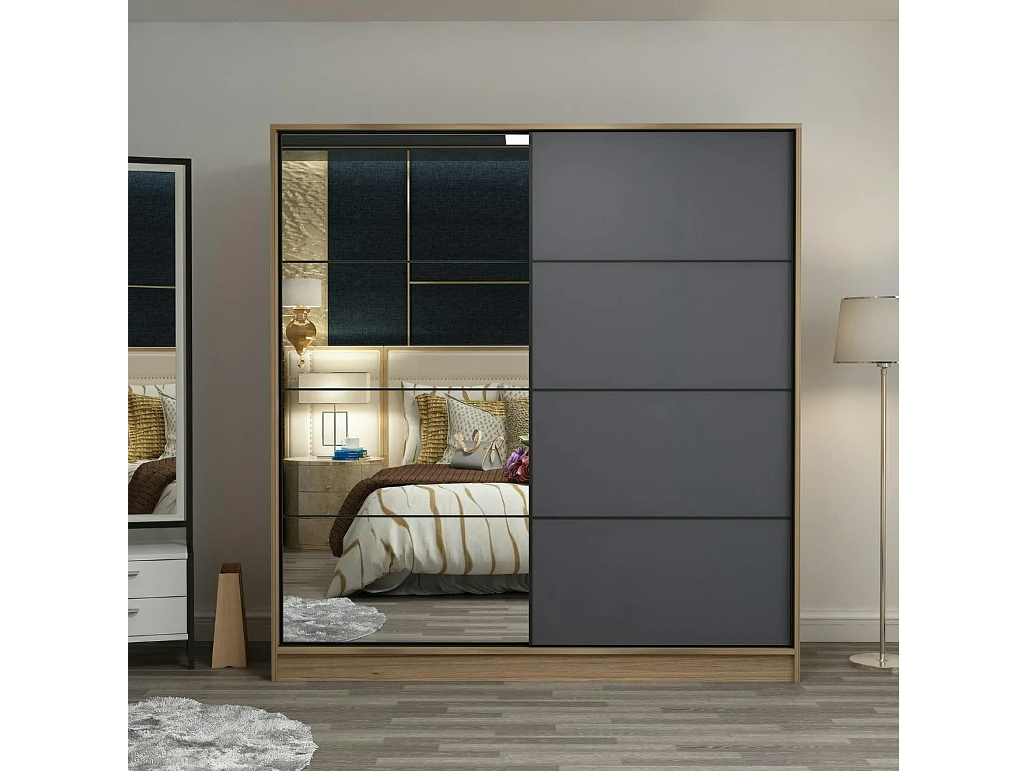 Armoire portes coulissantes effet bois & gris, 1 miroir BYRON