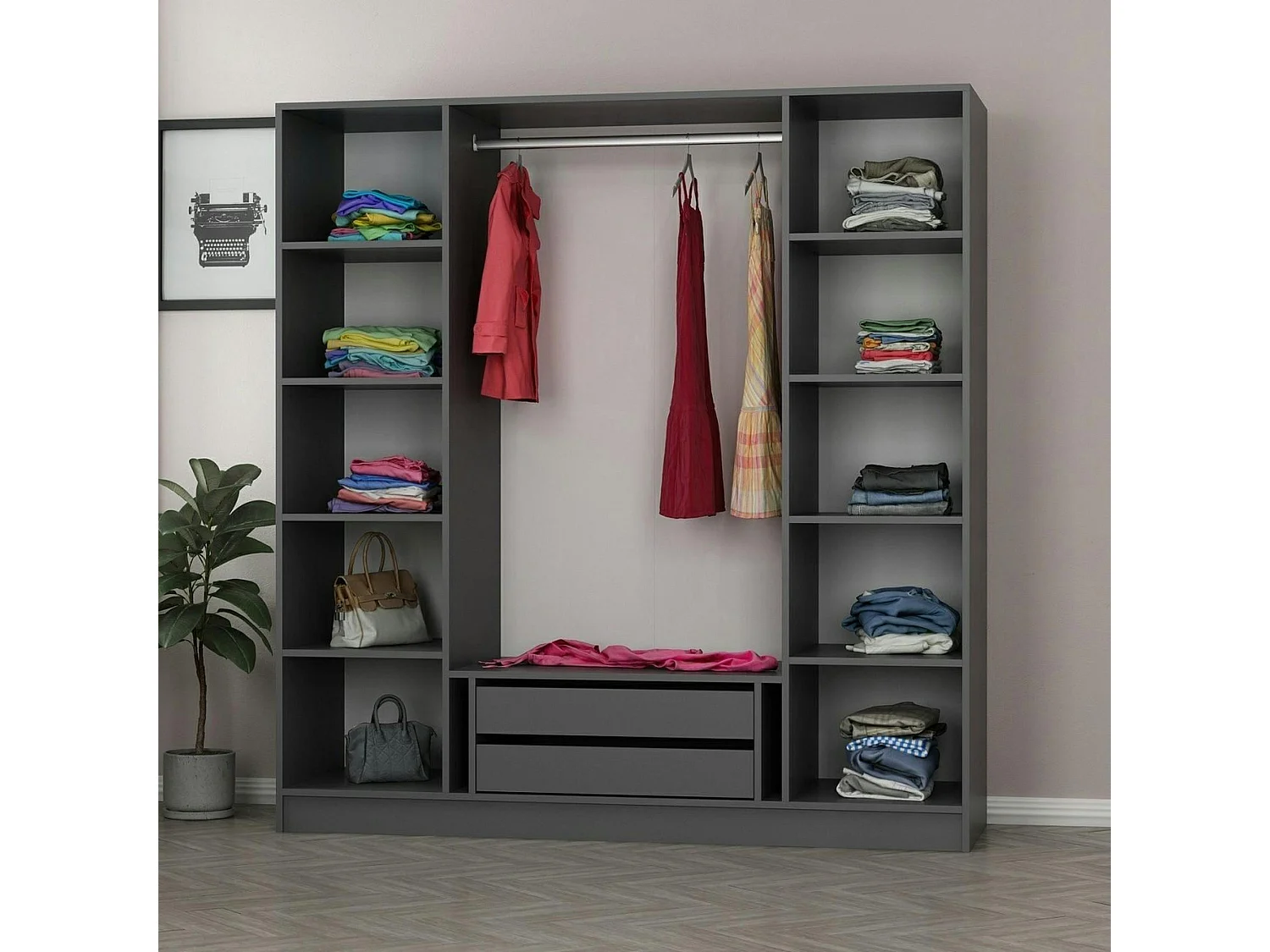 Armoire penderie grise 4 portes verre H 210 cm BYRON