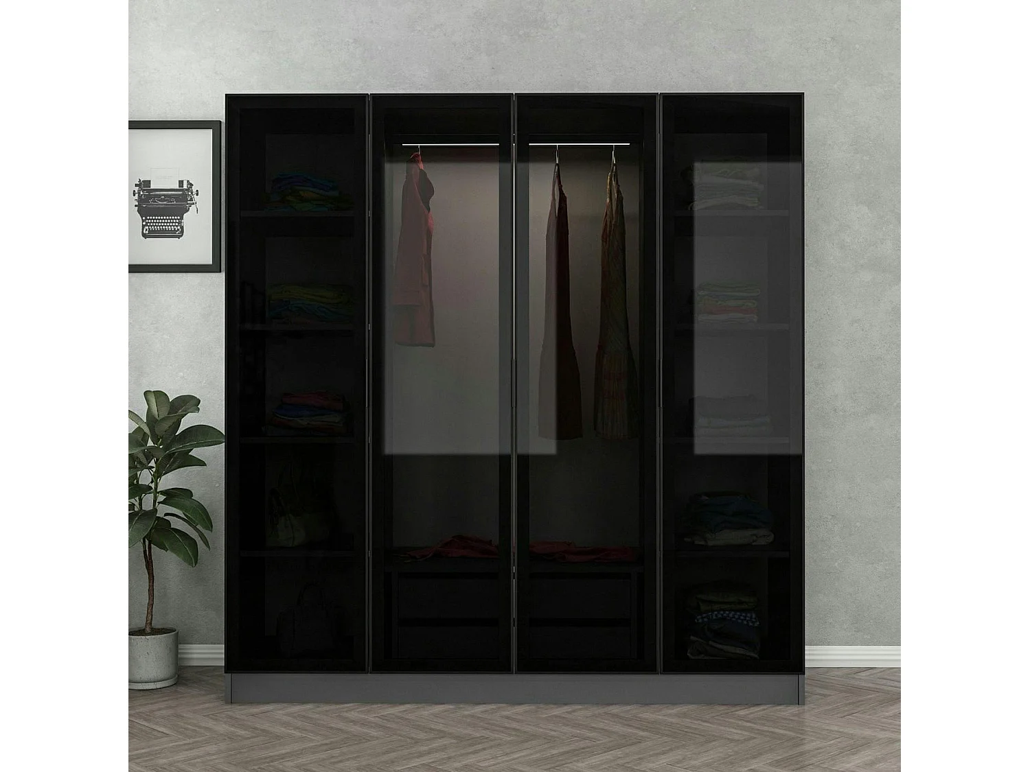 Armoire penderie grise 4 portes verre H 210 cm BYRON