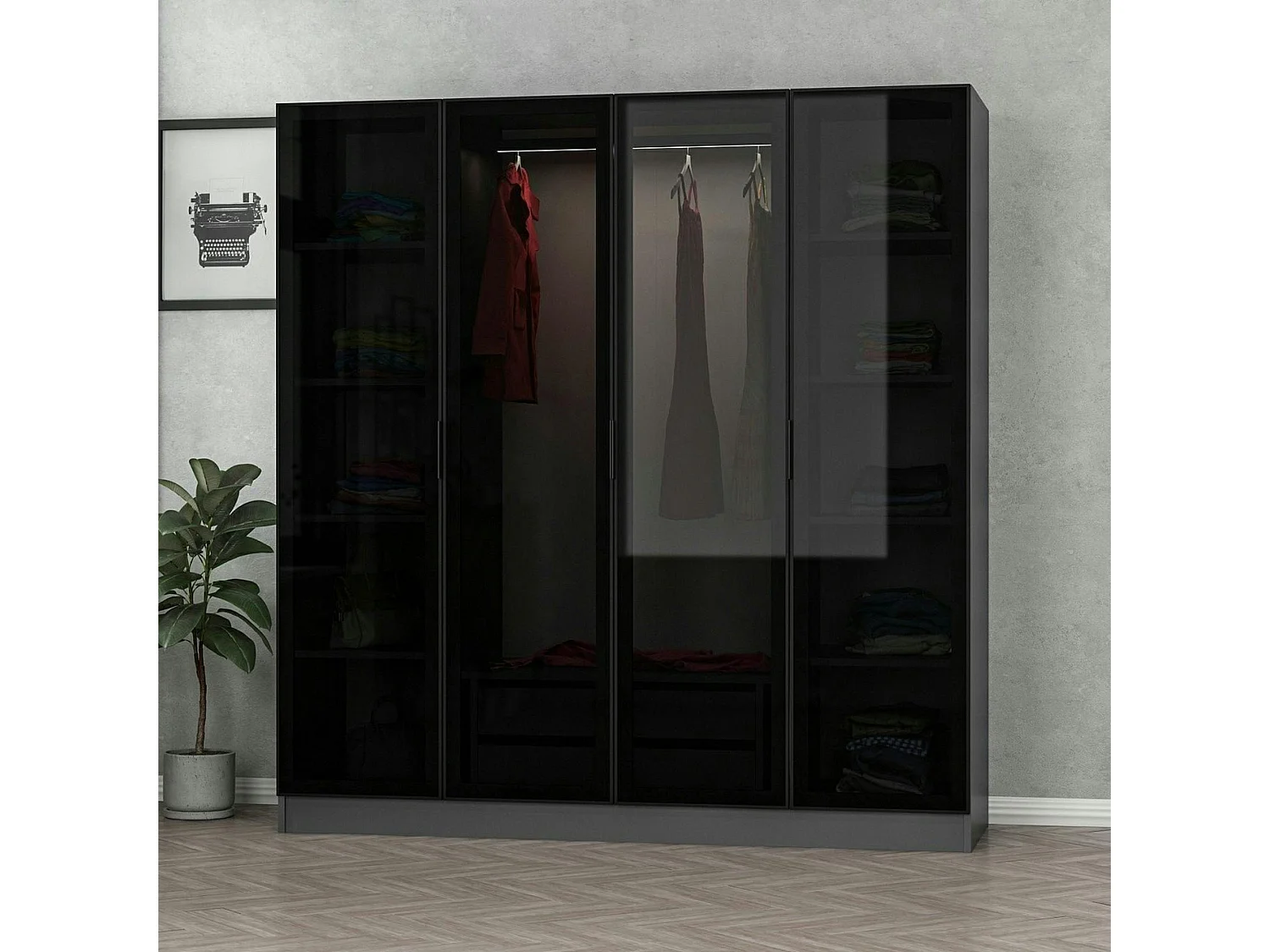 Armoire penderie grise 4 portes verre H 210 cm BYRON