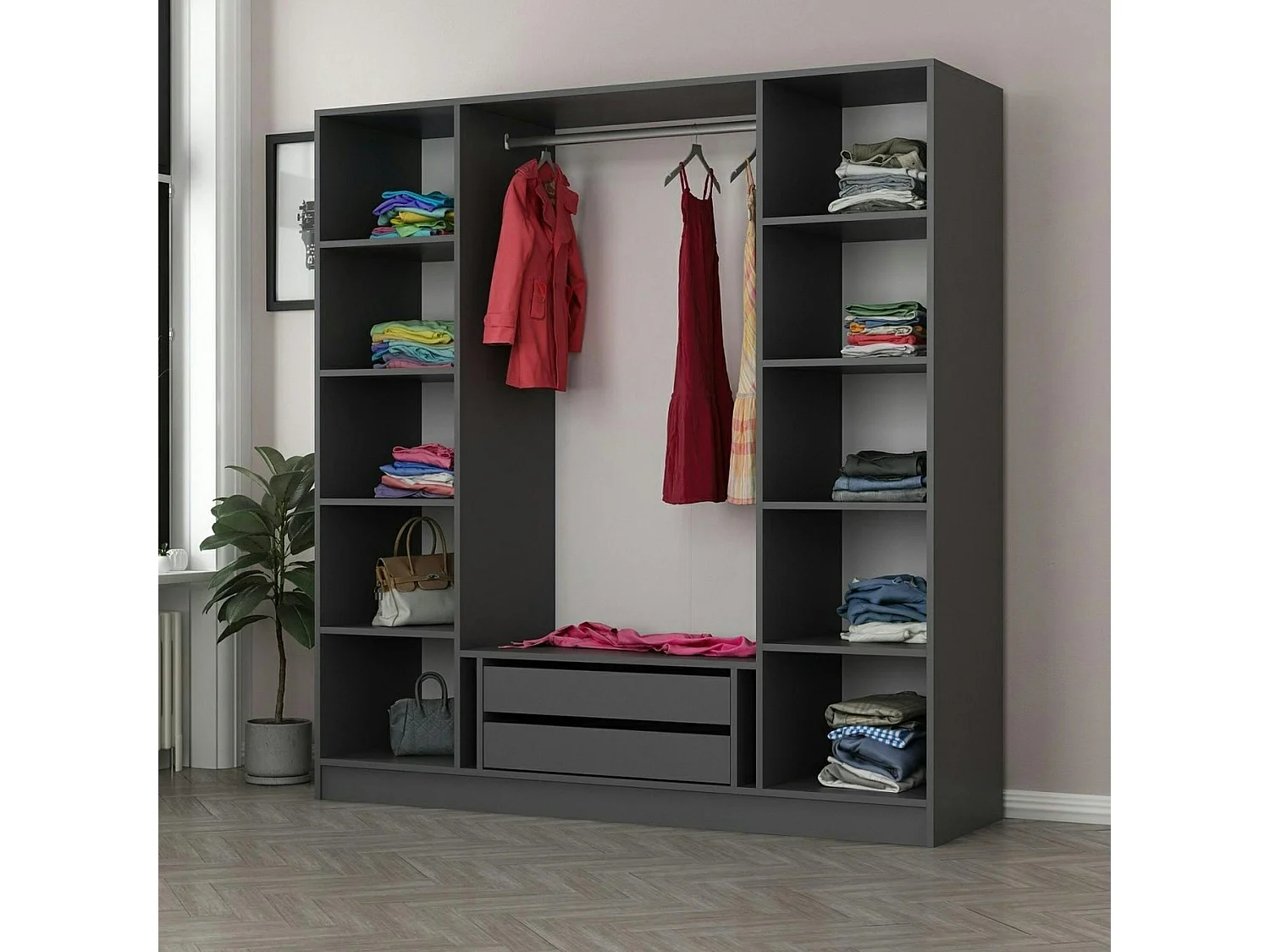 Armoire penderie grise 4 portes verre H 210 cm BYRON