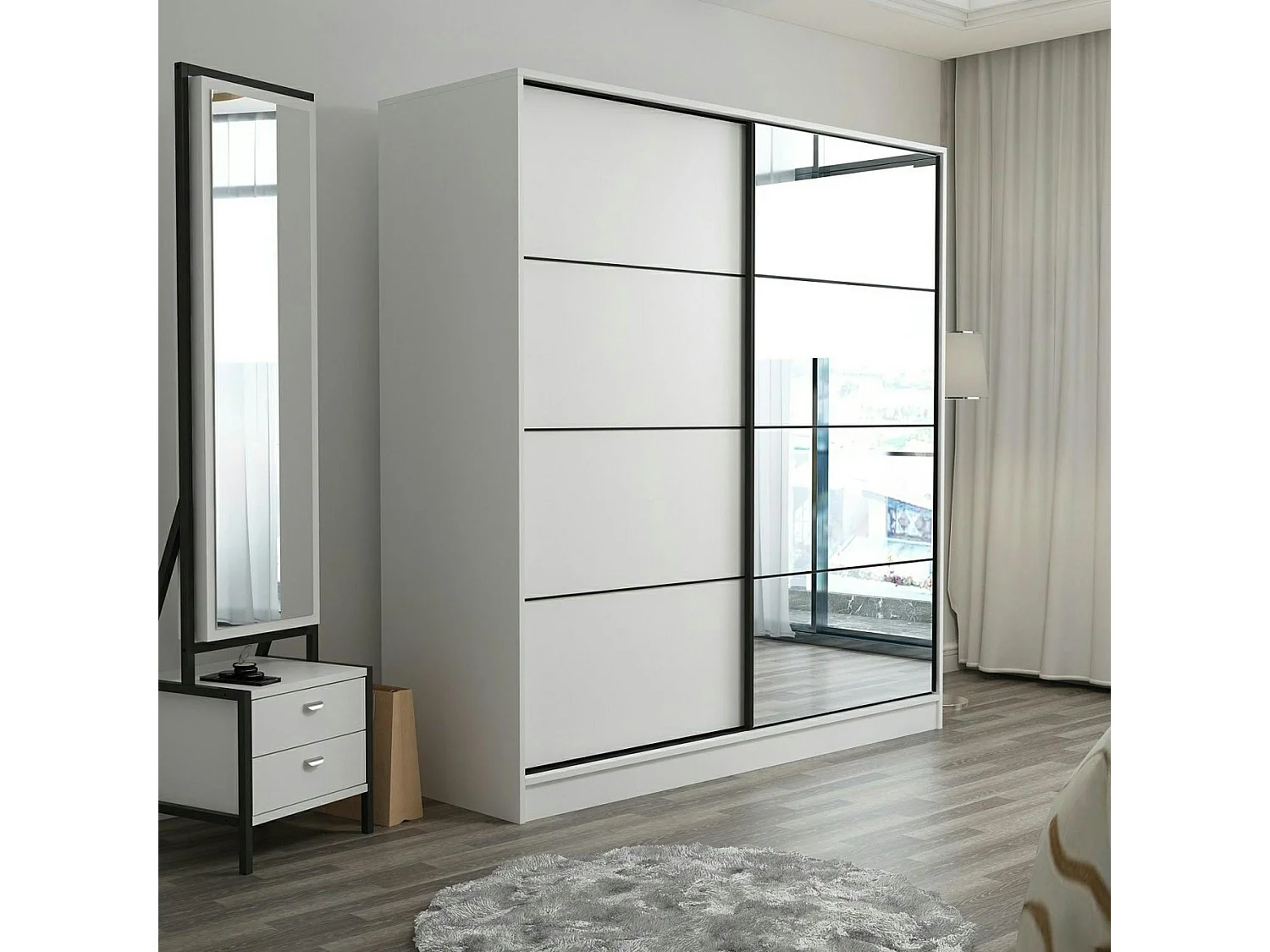 Armoire penderie blanche avec miroir H 210 cm BYRON