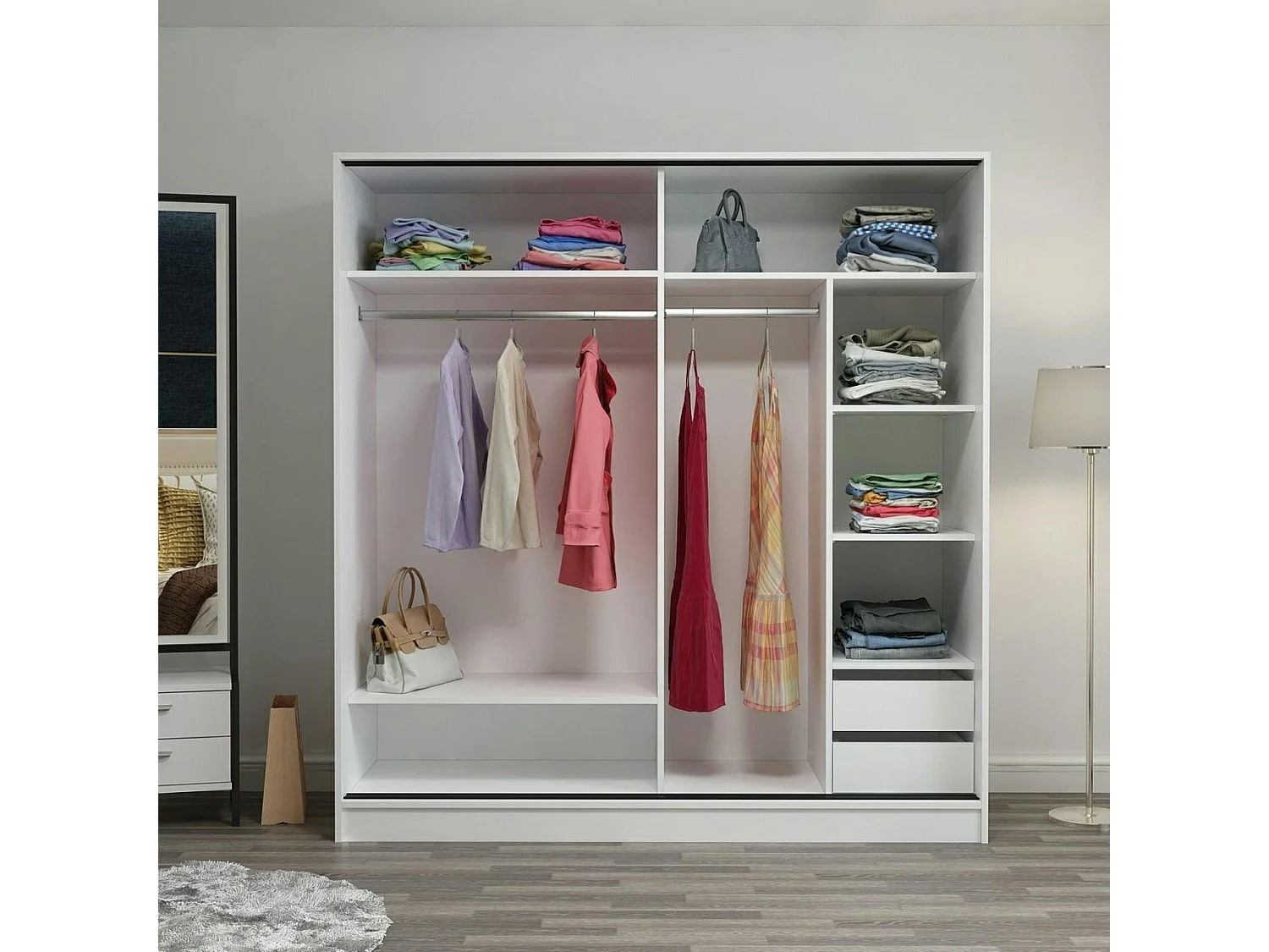 Armoire penderie blanche avec miroir H 210 cm BYRON