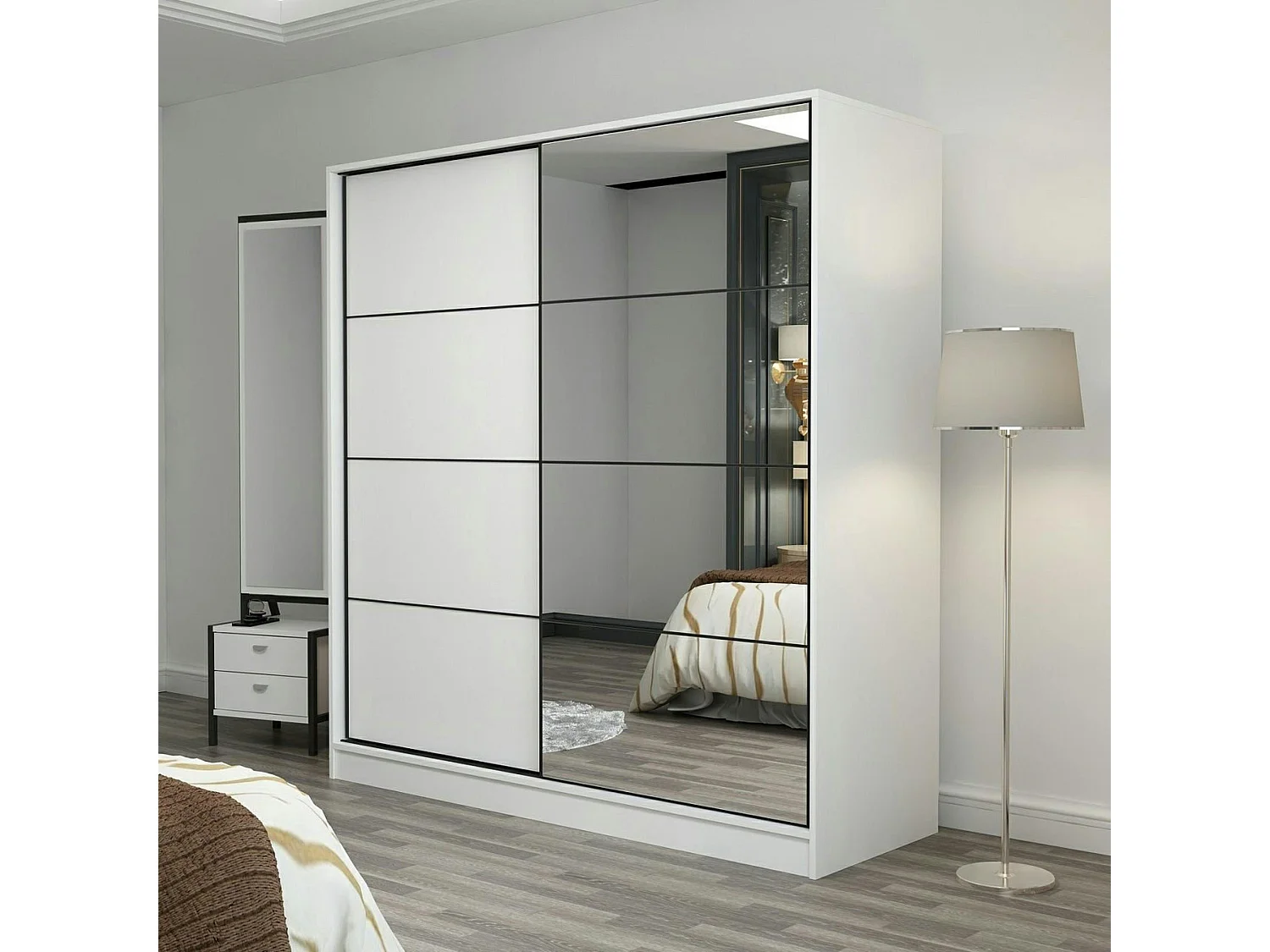 Armoire penderie blanche avec miroir H 210 cm BYRON
