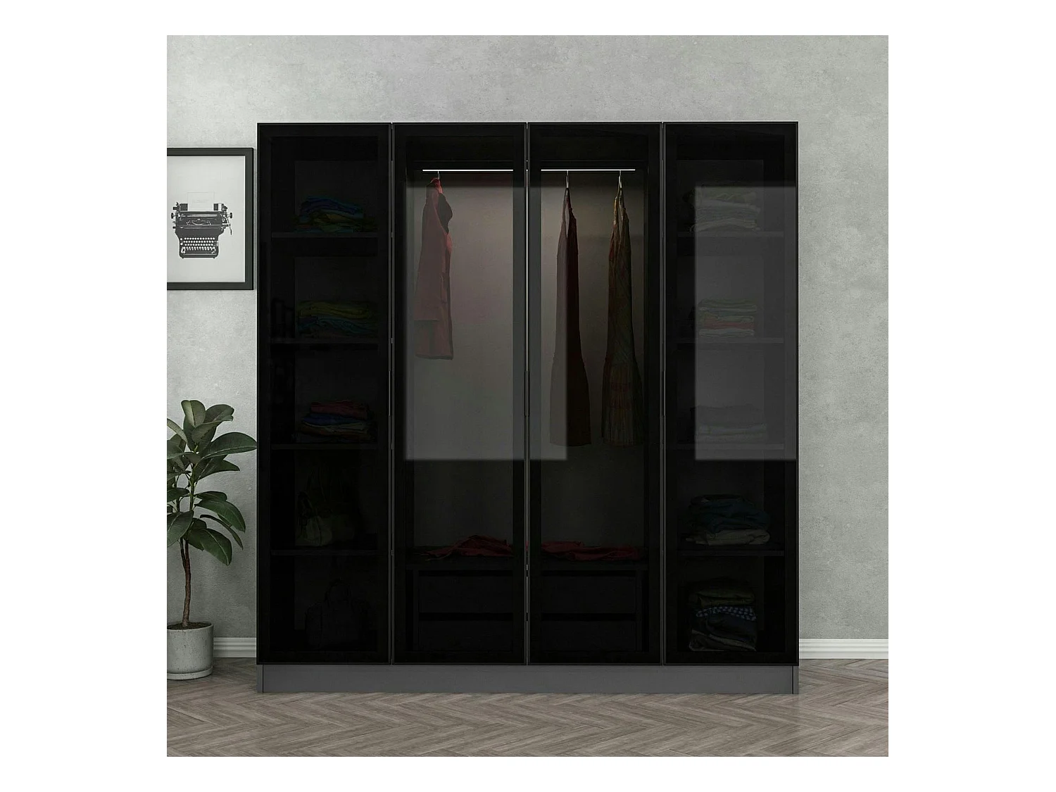 Armoire penderie design gris 4 portes vitrées H 190 cm BYRON