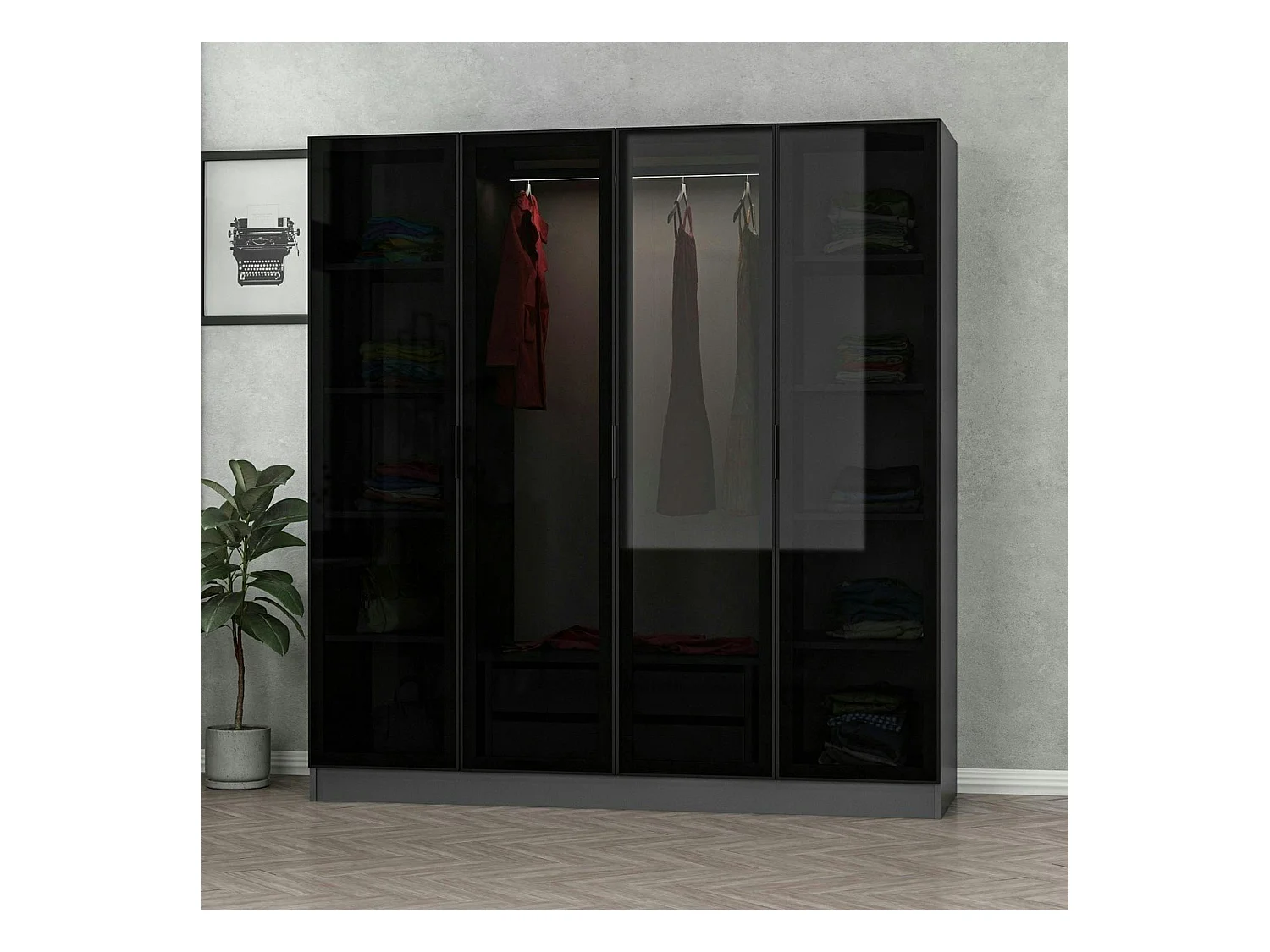 Armoire penderie design gris 4 portes vitrées H 190 cm BYRON