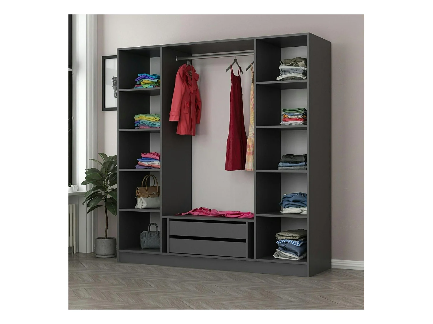 Armoire penderie design gris 4 portes vitrées H 190 cm BYRON