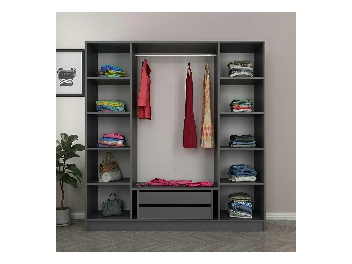 Armoire penderie design gris 4 portes vitrées H 190 cm BYRON