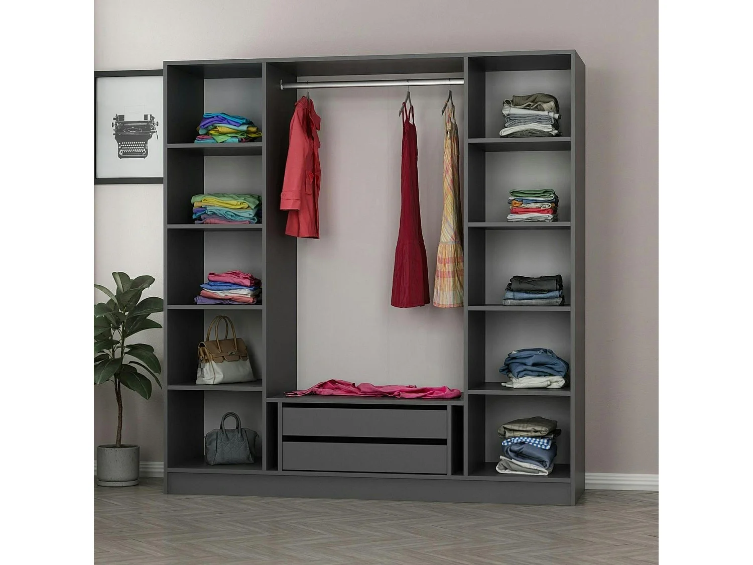 Armoire penderie design gris 4 portes vitrées H 190 cm BYRON