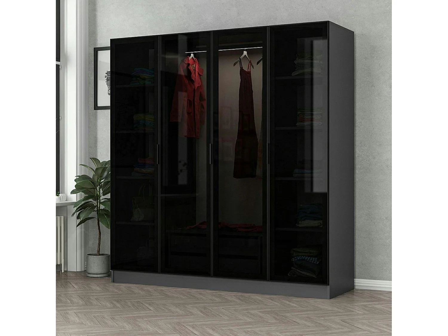 Armoire penderie design gris 4 portes vitrées H 190 cm BYRON