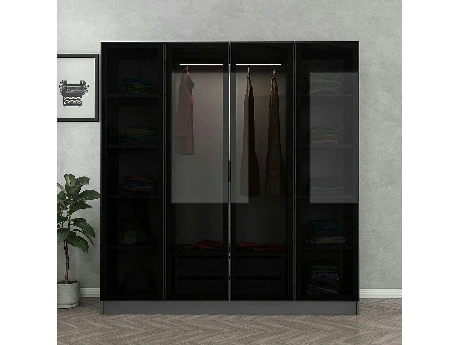 Armoire penderie design gris 4 portes vitrées H 190 cm BYRON